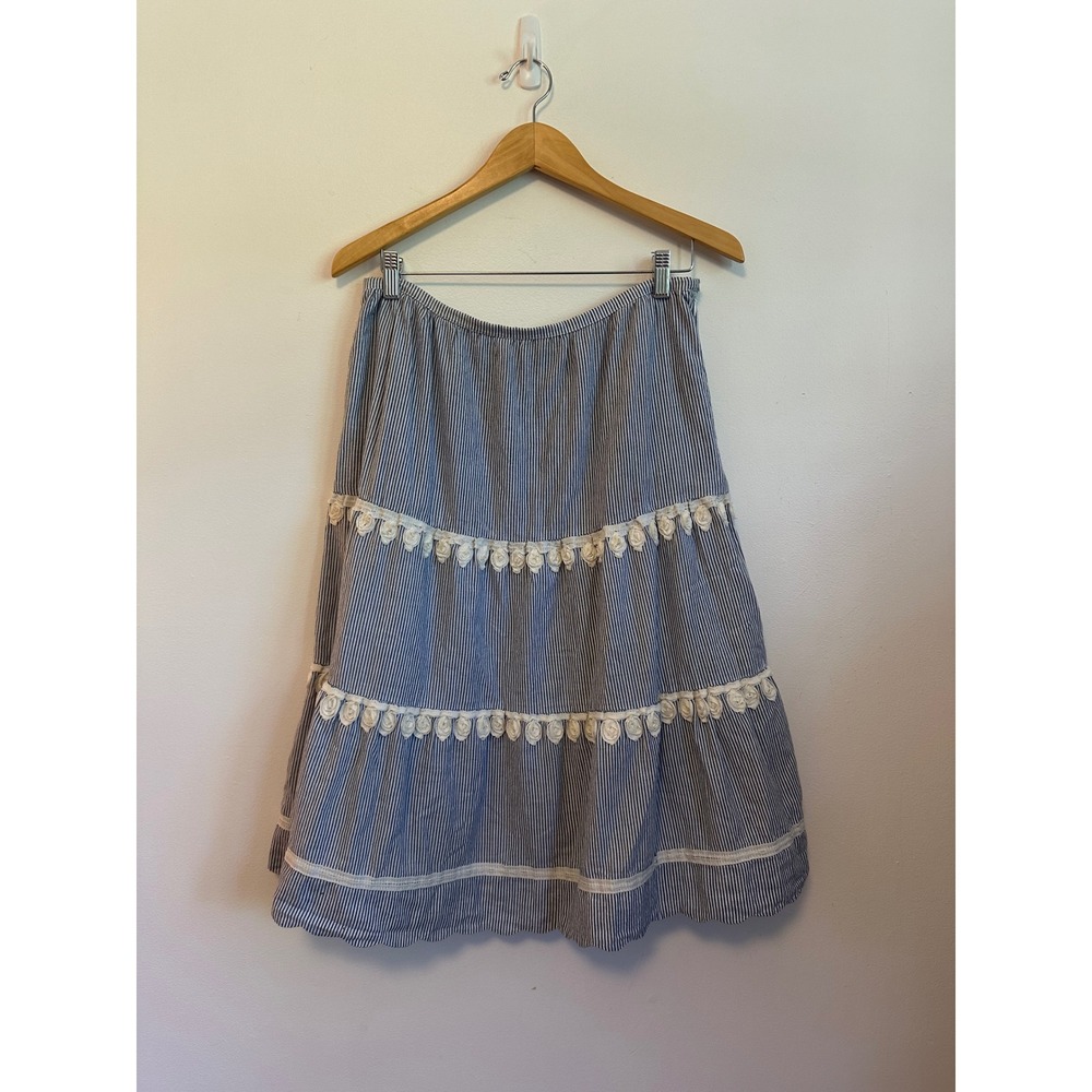 Rose and Rose Blue and White Striped Tiered Midi Skirt in Cotton | Size Medium
